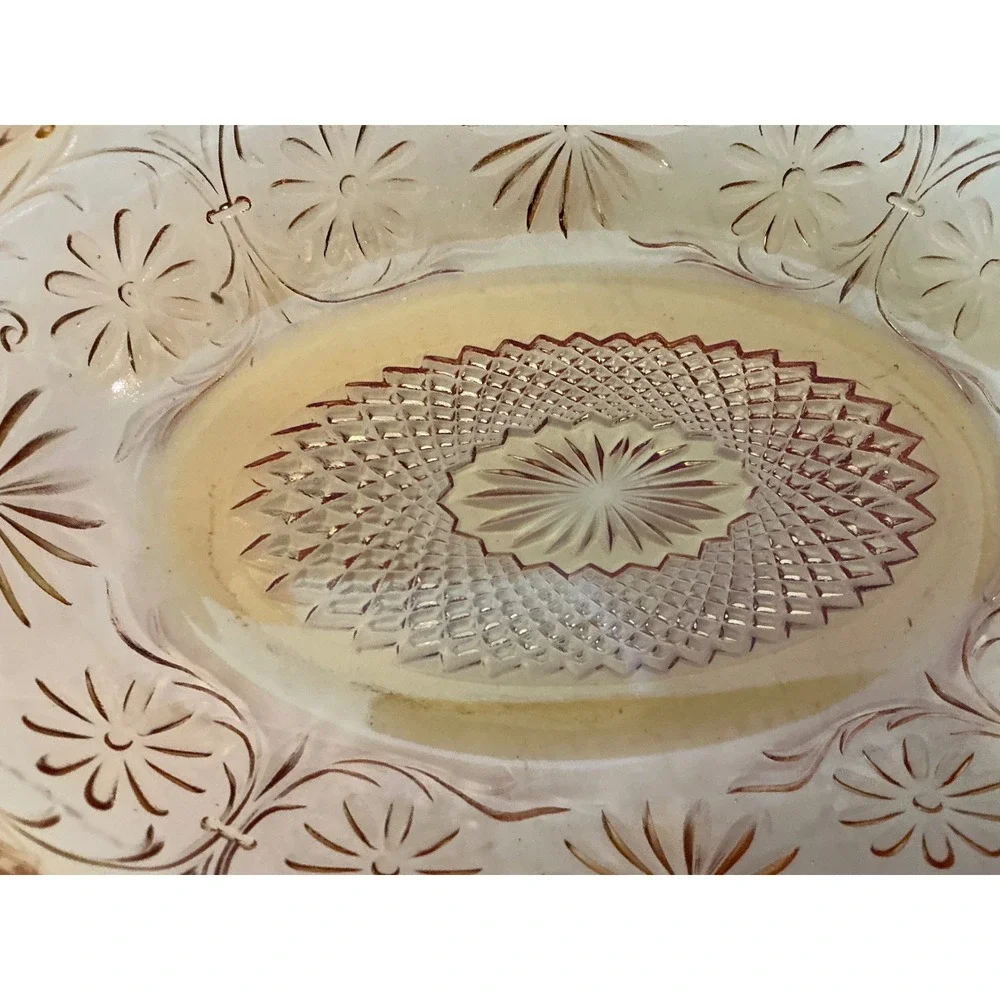 Tiara Vintage Amber  Glass Oval Serving Bowl Floral Pattern Sunburst Gold